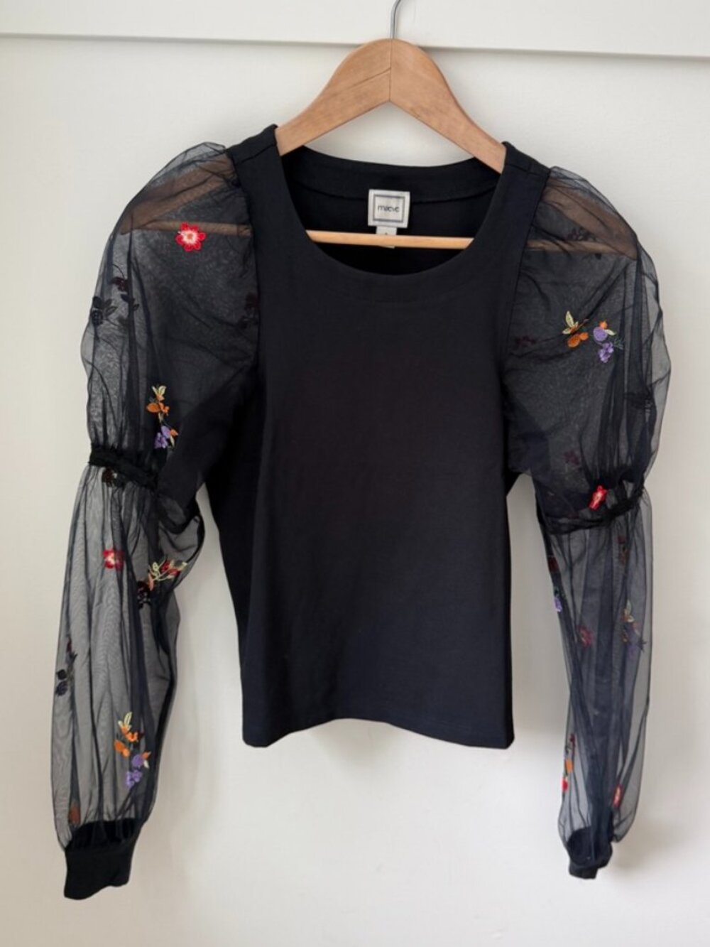 MAEVE by Anthropologie Black Embroidered Sheer Mesh Puff Sleeve Pullover Top